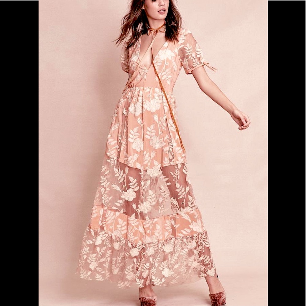FOR LOVE & LEMONS MIA MAXI DRESS Lace Overlay Sheer Paneled Tie Detail Boho Chic